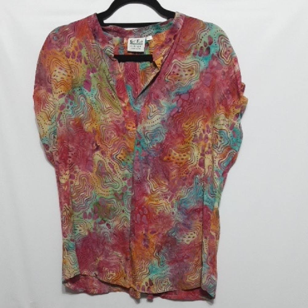 GO FISH Popover Ruffle Sleeve Pleated‎ Back Multicolor Abstract Blouse